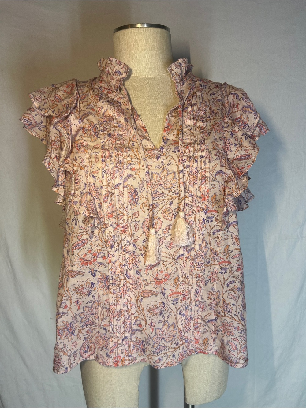 Workshop Republic Clothing Pink Floral Tassel Pintuck Blouse